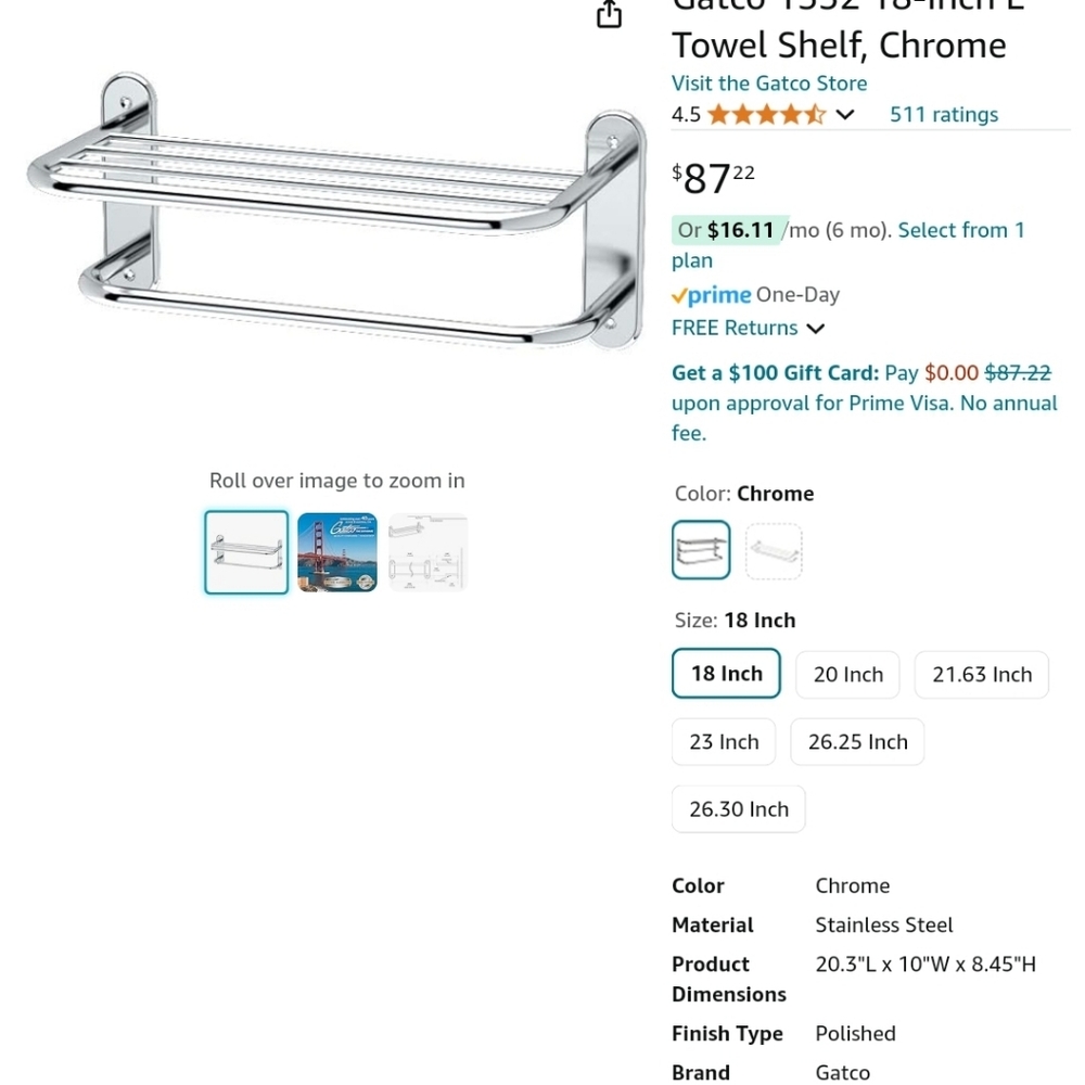 Set of 2 Gatco 1532 18" Wall Mounted Hotel Spa Towel Shelf Chrome Finish
